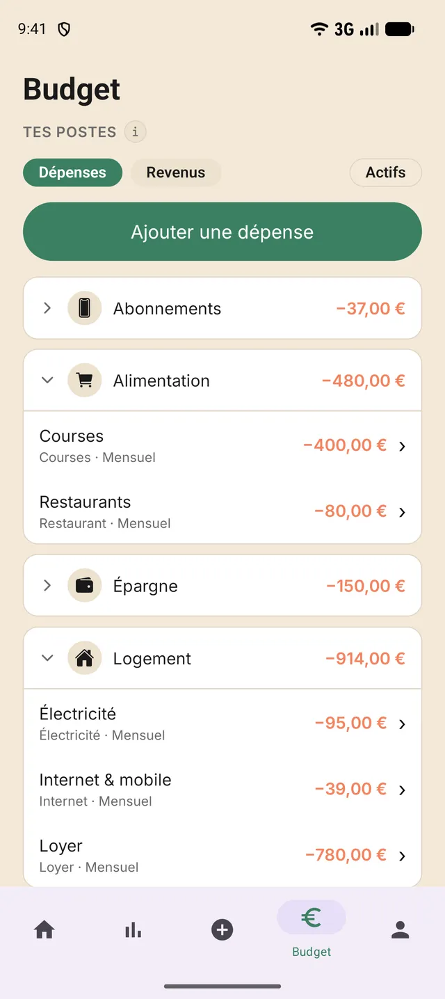 Écran Budget de Budghey : les postes de dépenses groupés par catégorie, avec leur périodicité